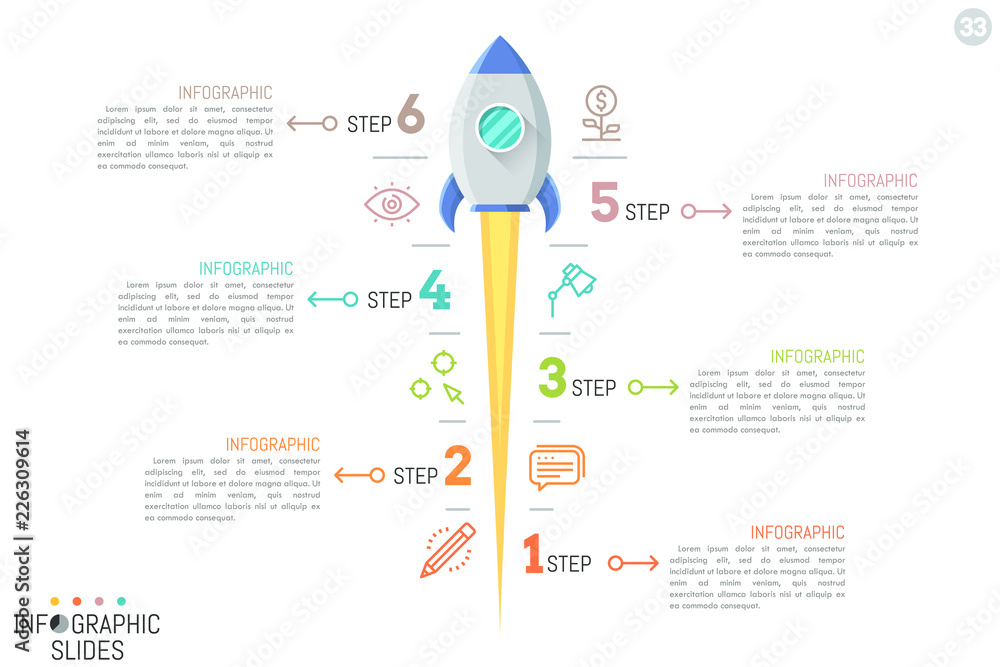 Poster simple infographic design layout with vertical spaceship launch, line icons and 6 numbered text boxe