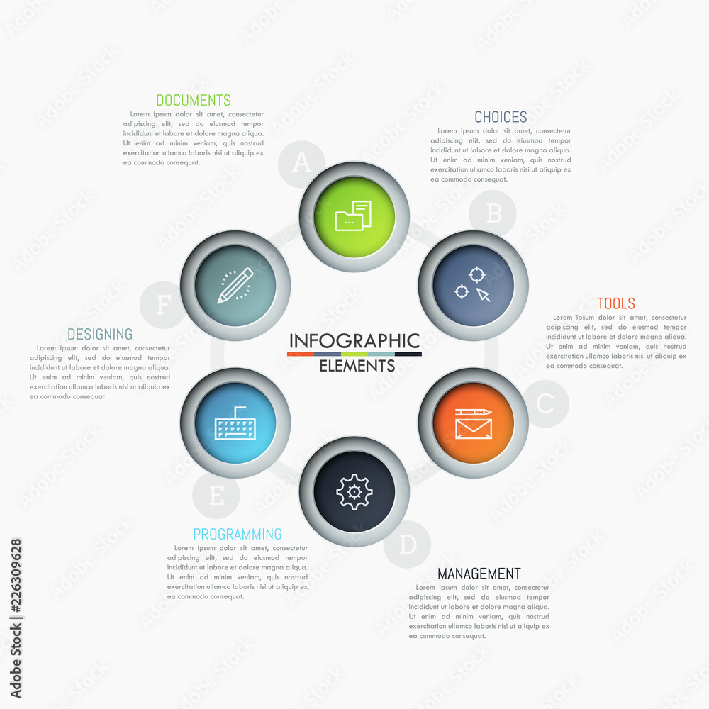 Aufkleber round diagram with 6 lettered circular elements, thin line icons and text boxes. supply chain visual