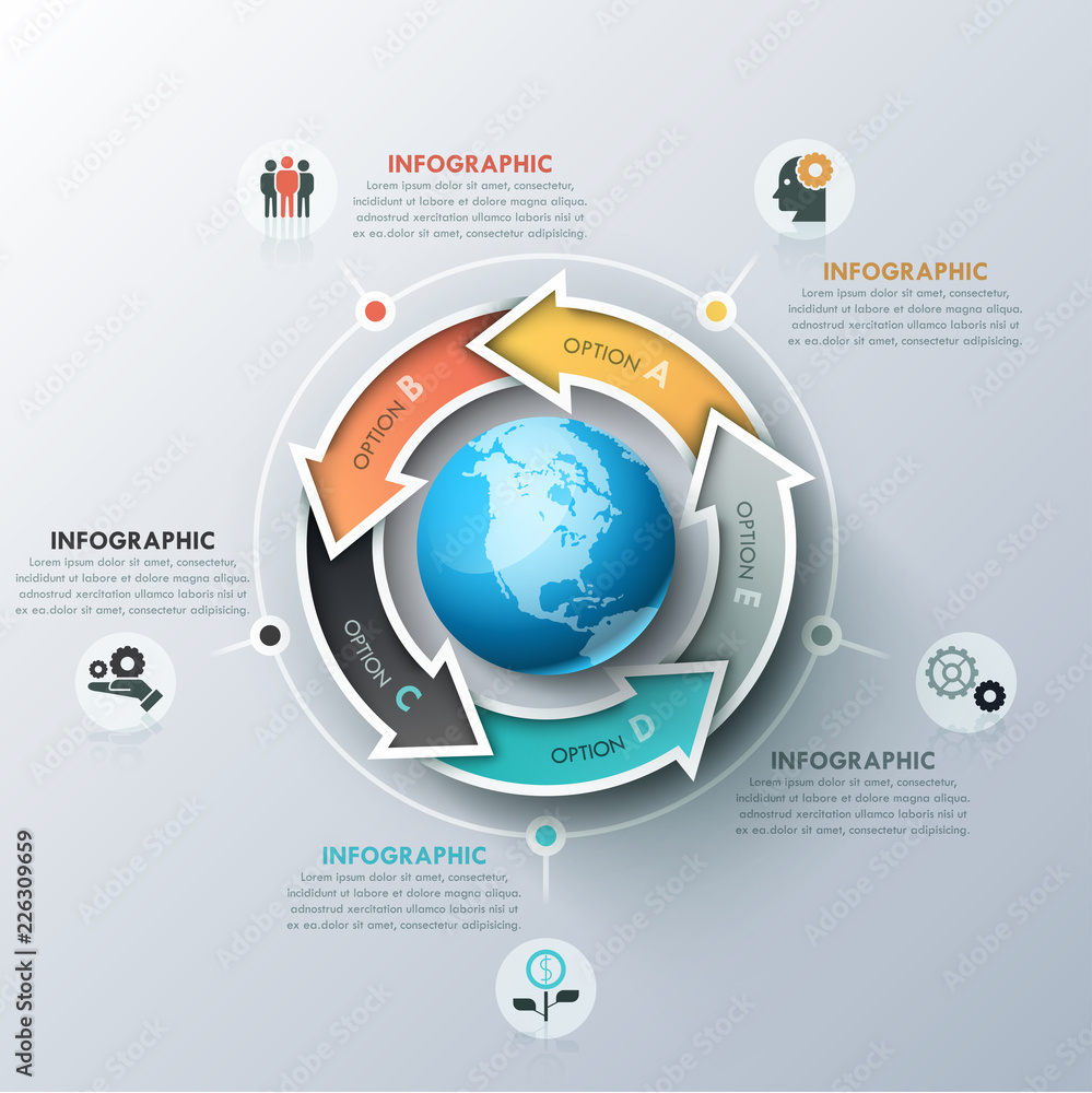 Poster unusual infographic design template with 5 colorful arrows located around sphere, icons and text box