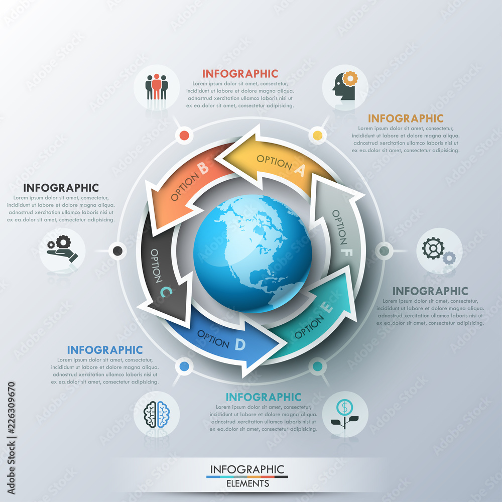 Poster unique infographic design layout with 6 lettered arrows placed around planet earth, icons and text b