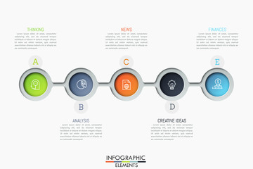 Five connected circular elements with pictograms inside and text boxes. Successive steps to revenue growth. Modern infographic design template. Vector illustration for website, presentation, report.