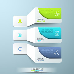 Three lettered paper white elements with pictograms and colorful text boxes. Creative infographic design template. 3 main features of provided service concept. Vector illustration for presentation.
