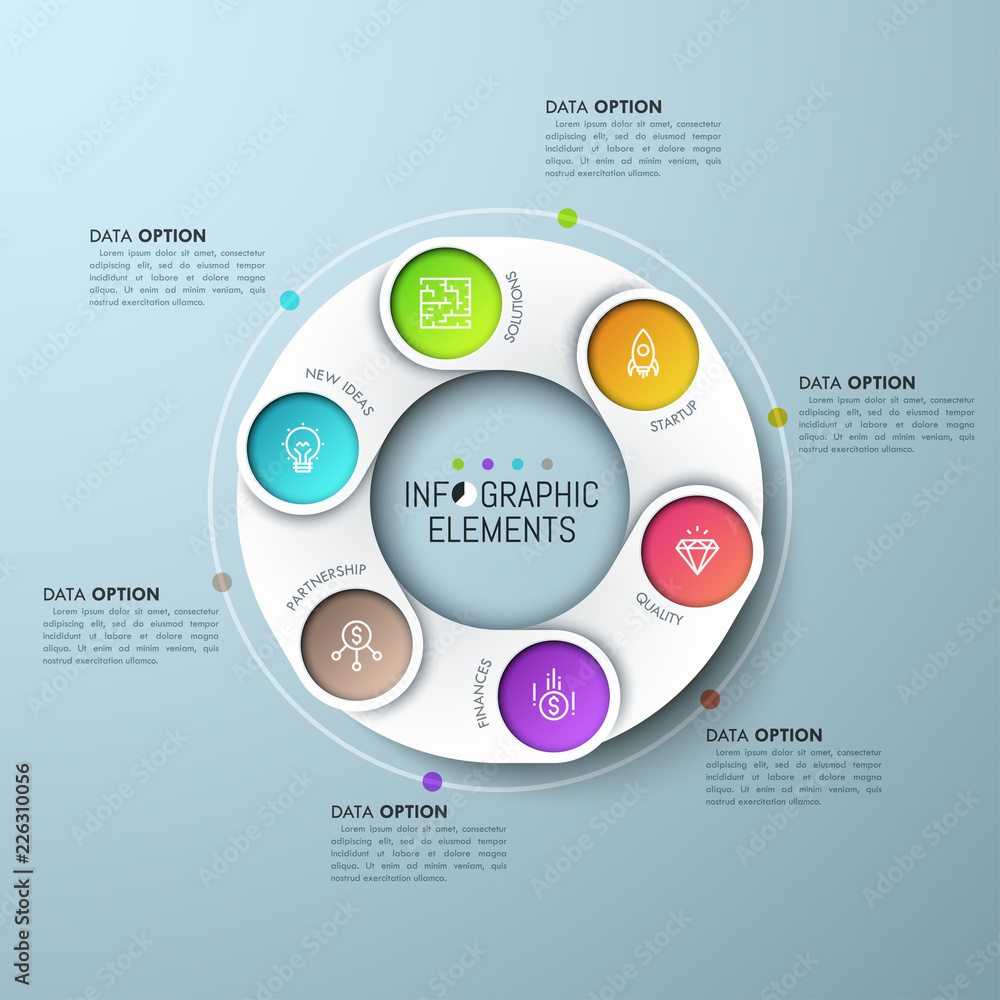 Poster annular diagram with 6 paper white overlapping parts, icons on colored background and text boxes. si