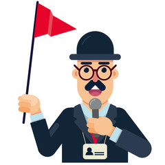 tourist guide flat icon character with red flag