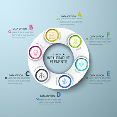 Circular diagram with 6 paper white overlaying elements, icons and lettered text boxes. Six tips for successful finance attraction. Unique infographic design layout. Vector illustration for report.