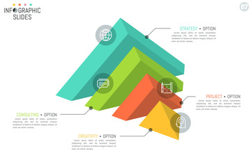 Pyramid-shaped diagram divided into 4 pieces, thin line pictograms and text boxes. Minimal infographic design template. Vector illustration for website, banner, presentation, report, brochure.