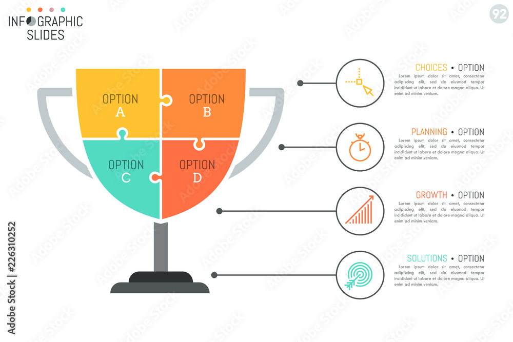 Poster simple infographic design layout in shape of winner's cup divided into 4 puzzle pieces connected wit