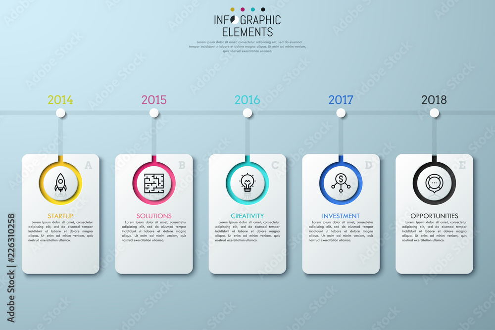 Poster horizontal timeline with year indication, 5 lettered rectangle elements, linear icons and text boxes