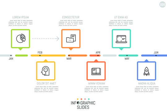 Horizontal Timeline With Month Indication, 6 Rectangular Elements With Pointers, Linear Pictograms And Text Boxes. Monthly Planning Concept. Simple Infographic Design Template. Vector Illustration.