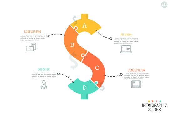 Jigsaw Puzzle In Shape Of Dollar Sign Divided Into 4 Pieces. Minimal Infographic Design Layout. Money Saving, Monetary Policy, Finance And Budget Planning Concept. Vector Illustration For Brochure.