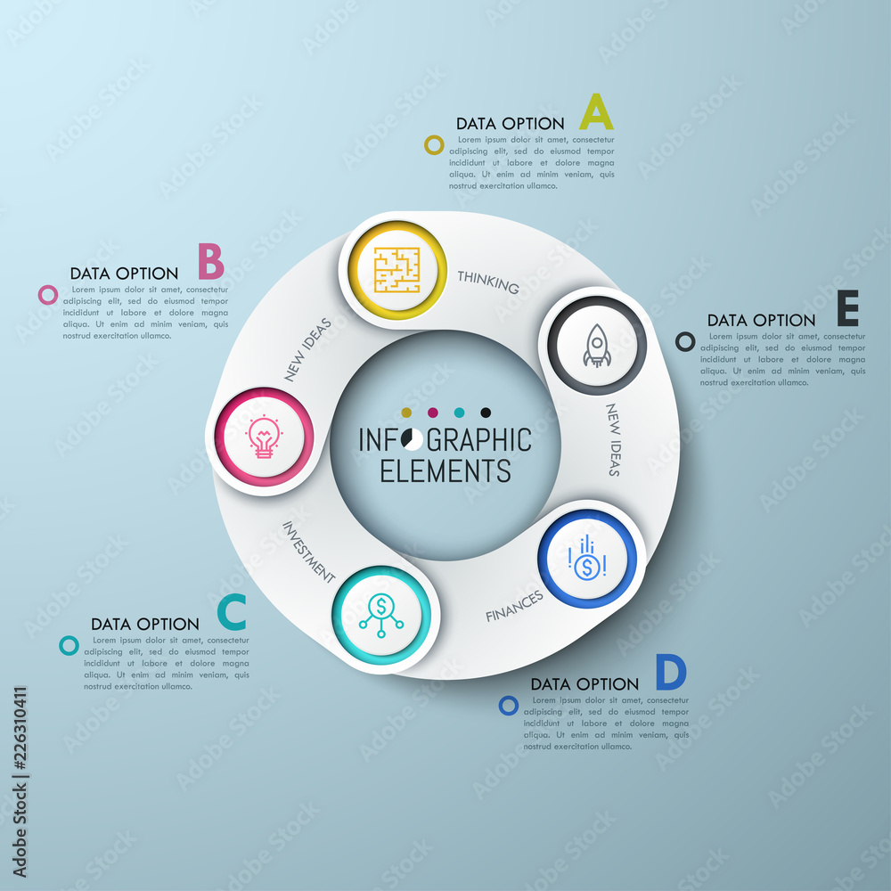 Poster Circular chart with 5 white overlapping elements, thin line icons and lettered text boxes. Five links of production supply chain concept. Creative infographic design layout. Vector illustration.