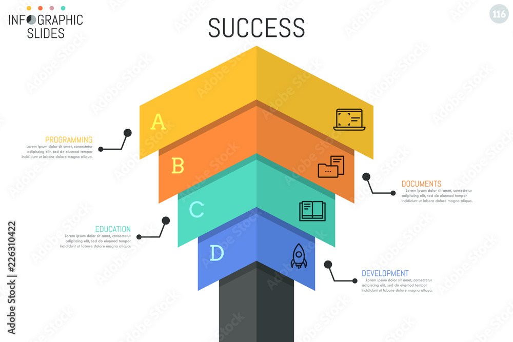 Poster simple infographic design template in shape of tree with 4 lettered overlaying elements, thin line i