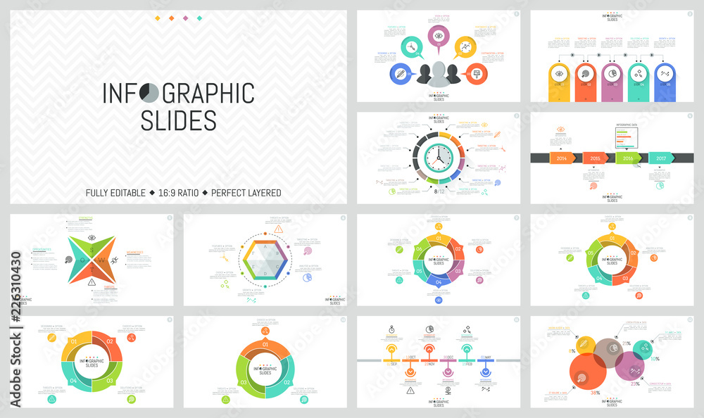 Poster big bundle of simple infographic design templates. round charts divided into sectors, horizontal tim