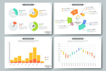 Colorful elements for pie, column and bar charts, sectoral diagrams, stock price graphs. Simple infographic design template. Vector illustration for website, brochure, presentation, statistics report.