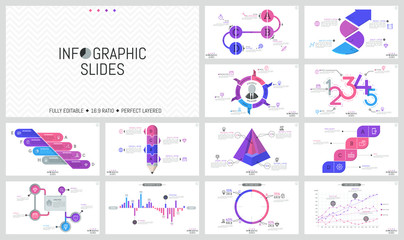Big set of minimal infographic design templates. Graphs, workflow and bar charts, round and cutaway diagrams with percentage indication. Vector illustration for presentation, report, banner, website.