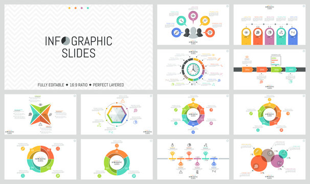 Big bundle of simple infographic design templates. Round charts divided into sectors, horizontal timelines, colorful diagrams with thin line icons and text boxes. Vector illustration for brochure.