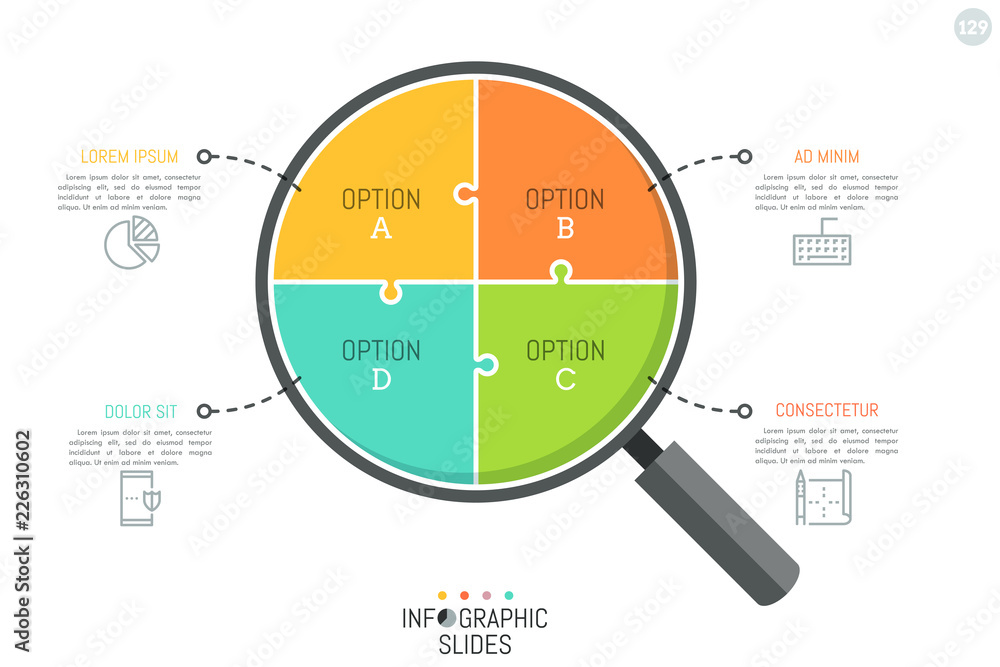 Poster jigsaw puzzle in shape of magnifying glass divided into 4 parts. simple infographic design template.
