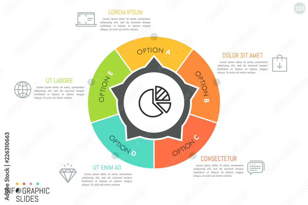 Aufkleber circular chart divided into 5 pieces with arrows pointing at text boxes and linear icons. minimalist