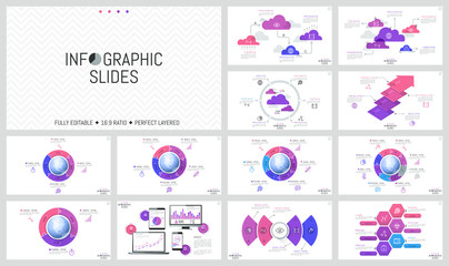 Huge set of minimal infographic design layouts. Round diagrams with jigsaw puzzle pieces placed around globe, charts on screens of devices, flowcharts. Vector illustration for presentation, brochure.