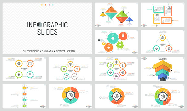 Big bundle of simple infographic design templates. Diagrams with round, triangular and rectangular elements, gear wheels, thin line symbols and text boxes. Vector illustration for website, brochure.