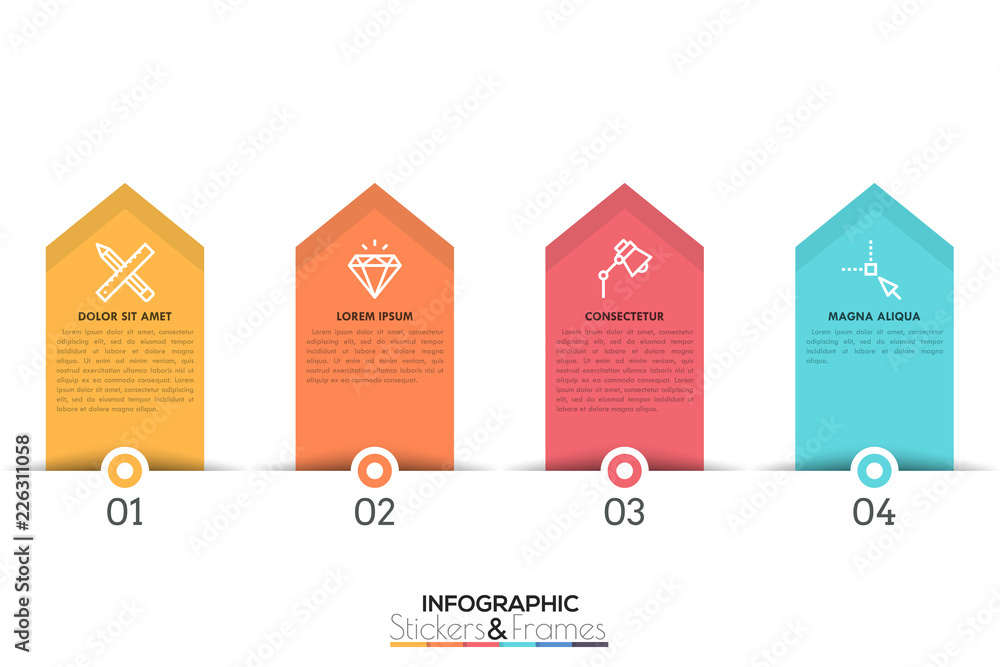 Poster four colorful pointer-like elements with numbers, thin line icons and text boxes inside, 4 features 