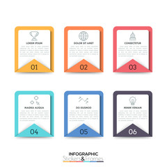 Six numbered rectangular elements with text boxes and thin line pictograms inside. Collection of 6 stickers and frames. Minimal infographic design layout. Vector illustration for presentation.