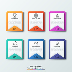 Six rectangular envelopes with numbers, headings, text boxes and thin line icons. 6 steps of project development. Realistic infographic design template. Vector illustration for report, brochure.