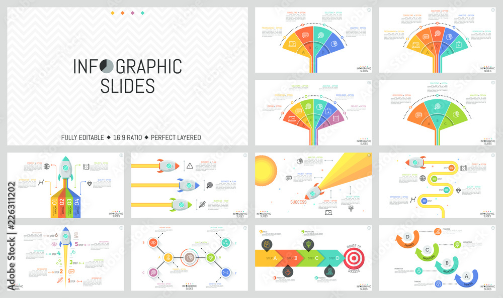 Poster collection of minimal infographic design templates. workflow and fan charts, diagrams with flying sp