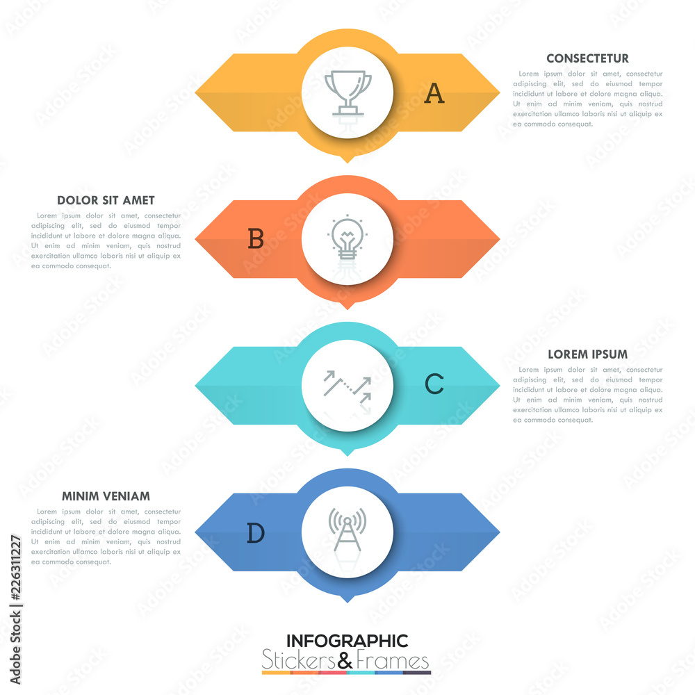 Poster four round elements placed one above other with two arrows pointing in opposite directions and text 