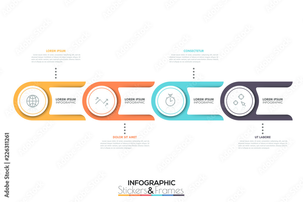 Poster four round elements connected with text boxes by dotted lines, 4 successive steps to project complet