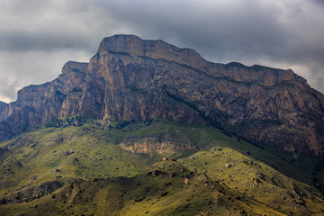 View of the mountain plateau in the clouds in the summer in the North Caucasus in Russia.