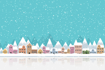 Naklejka premium Winter town flat style with snow falling and mountain 002