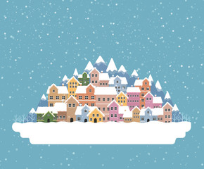 Obraz premium Winter town flat style with snow falling and mountain 003