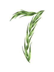 Number 7, alphabet of green leaves, Numbers from leaves isolated on white background. Symbol 7 with the green leaves texture. Eco symbol collection. Watercolor illustration.