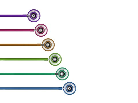 Multicoloured stethoscopes in a row