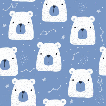 Seamless pattern with polar bear and stars. Vector hand drawn illustration.