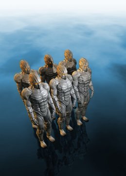 Cyborgs standing in a row, illustration