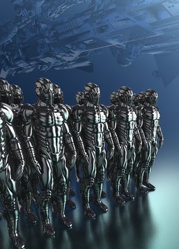 Cyborgs standing in a row, illustration