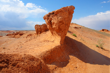 View on Bayanzag Flaming Cliffs  on the Mongolian Gobi desert containing fossils of jurassic dinosaurs
