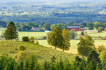 Fototapeta na wymiar View of rolling hills and woods at a farm