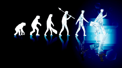 Future evolution change of human resources employee work labor recruitment to iot ai robot computer, technology transform replace human job. Digital innovation generation disrupt businessman concept