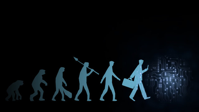 Future evolution change of human resources employee work labor recruitment to iot ai robot computer, technology transform replace human job. Digital innovation generation disrupt businessman concept