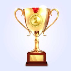 Winner gold cup with medal. Vector illustration.