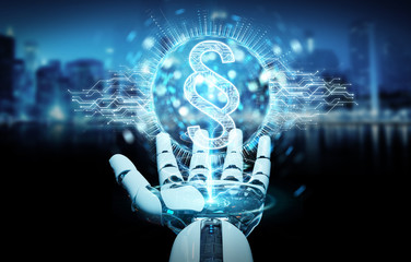 White robot hand using law paragraph digital hologram 3D rendering