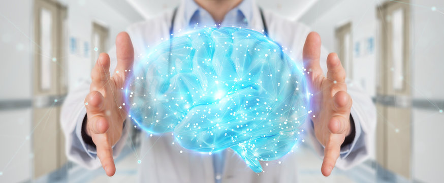 Doctor using digital brain scan hologram 3D rendering