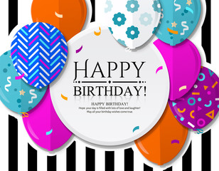 Happy Birthday greeting card with colorful patterned balloons in flat style. Confetti and black stripes on background. Vector.