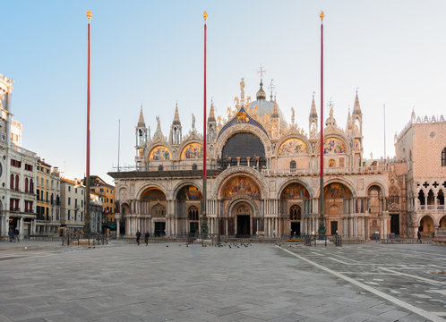 facade of cathedral church and square of San Marco, Venice, Italy