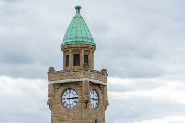 Tower With Cyan Dome And Big Clock - Cloudy Sky In Background