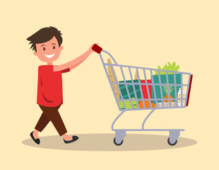 Boy with a grocery cart. Vector illustration.