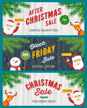Christmas sale banners set. Santa Claus, snowman and reindeer. Vector illustration